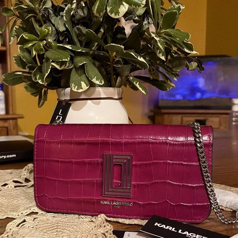Karl Lagerfeld Magenta Croc-Embossed Chain Clutch - Picture 1 of 4